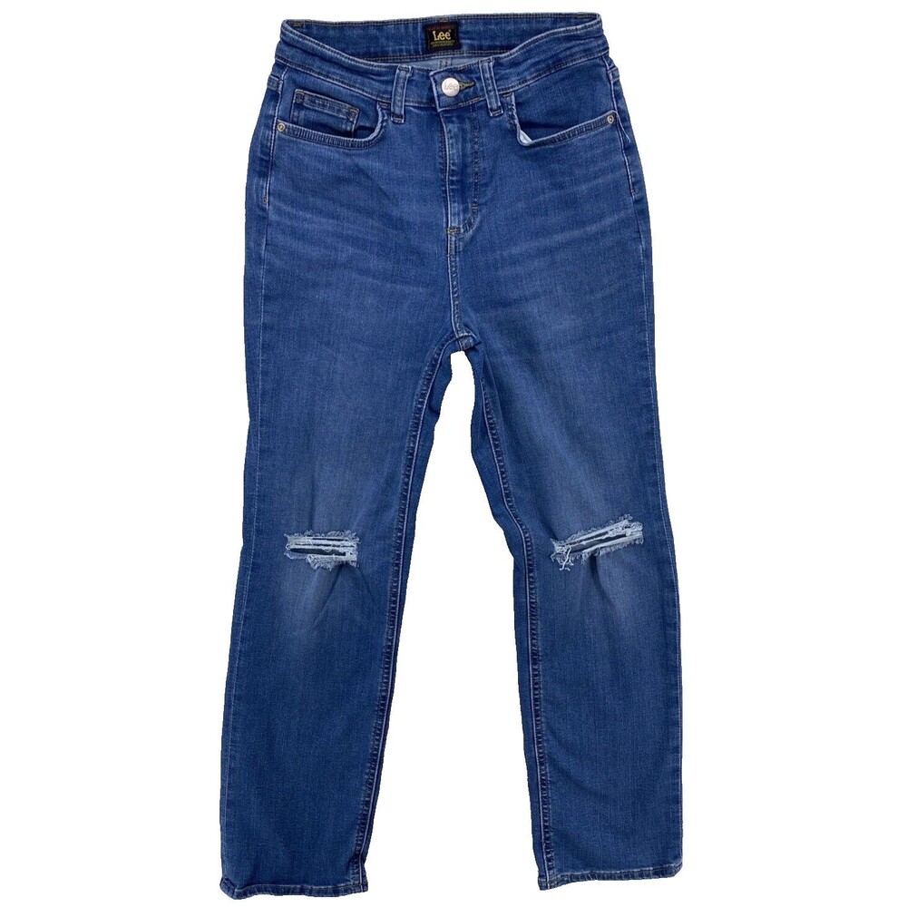 Lee Jeans Womens 4M High Rise Distressed Straight Leg Blue Denim Stretch